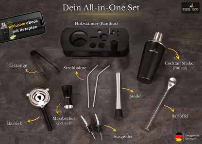 BARMINGO Cocktail Set 11-teilig | Farbe: Schwarz-Silber | 700 ml Shaker Set mit Holzständer und Barzubehör