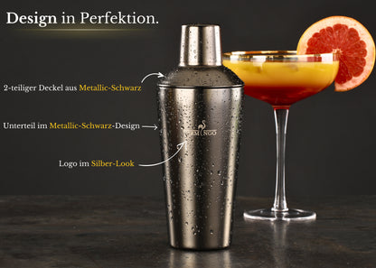 BARMINGO Cocktail Set 11-teilig | Farbe: Metallic-Schwarz | 700 ml Shaker Set mit Holzständer und Barzubehör