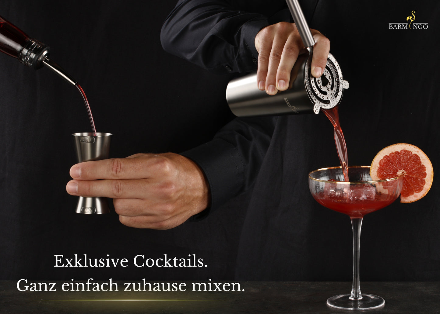 BARMINGO Cocktail Set 11-teilig | Farbe: Metallic-Schwarz | 700 ml Shaker Set mit Holzständer und Barzubehör