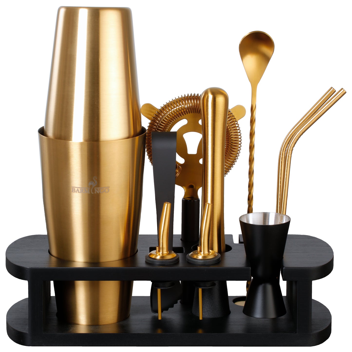 BARMINGO Boston Cocktail Set 11-teilig | Farbe: Gold | 825 ml Boston Set mit Holzständer und Barzubehör