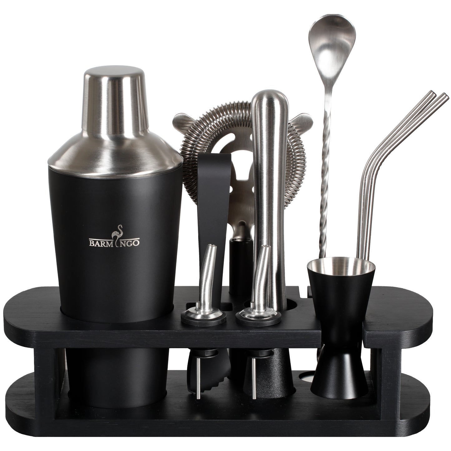 BARMINGO Cocktail Set 11-teilig | Farbe: Schwarz-Silber | 700 ml Shaker Set mit Holzständer und Barzubehör