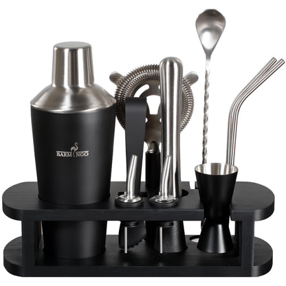 BARMINGO Cocktail Set 11-teilig | Farbe: Schwarz-Silber | 700 ml Shaker Set mit Holzständer und Barzubehör