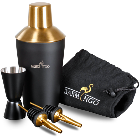 BARMINGO Cocktail Set 5-teilig | Farbe: Schwarz-Gold | 500 ml Shaker Set mit Barzubehör und Transporttasche