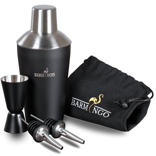 BARMINGO Cocktail Set 5-teilig | Farbe: Schwarz-Silber | 500 ml Shaker Set mit Barzubehör und Transporttasche