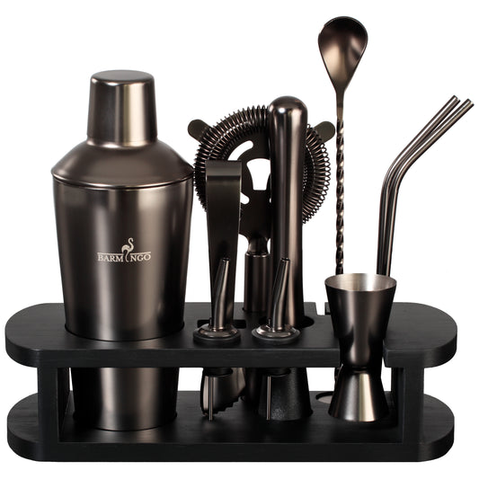 BARMINGO Cocktail Set 11-teilig | Farbe: Metallic-Schwarz | 700 ml Shaker Set mit Holzständer und Barzubehör