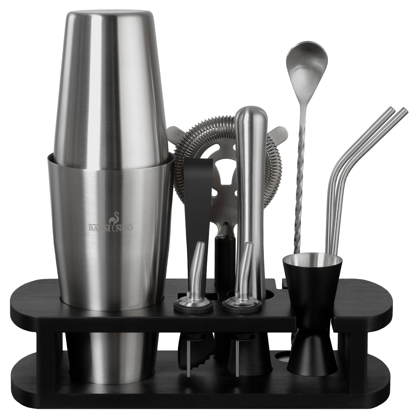 BARMINGO Boston Cocktail Set 11-teilig | Farbe: Silber | 825 ml Boston Set mit Holzständer und Barzubehör