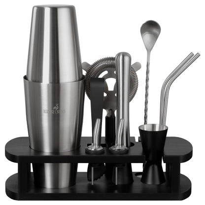BARMINGO Boston Cocktail Set 11-teilig | Farbe: Silber | 825 ml Boston Set mit Holzständer und Barzubehör