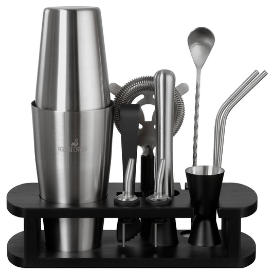 BARMINGO Boston Cocktail Set 11-teilig | Farbe: Silber | 825 ml Boston Set mit Holzständer und Barzubehör