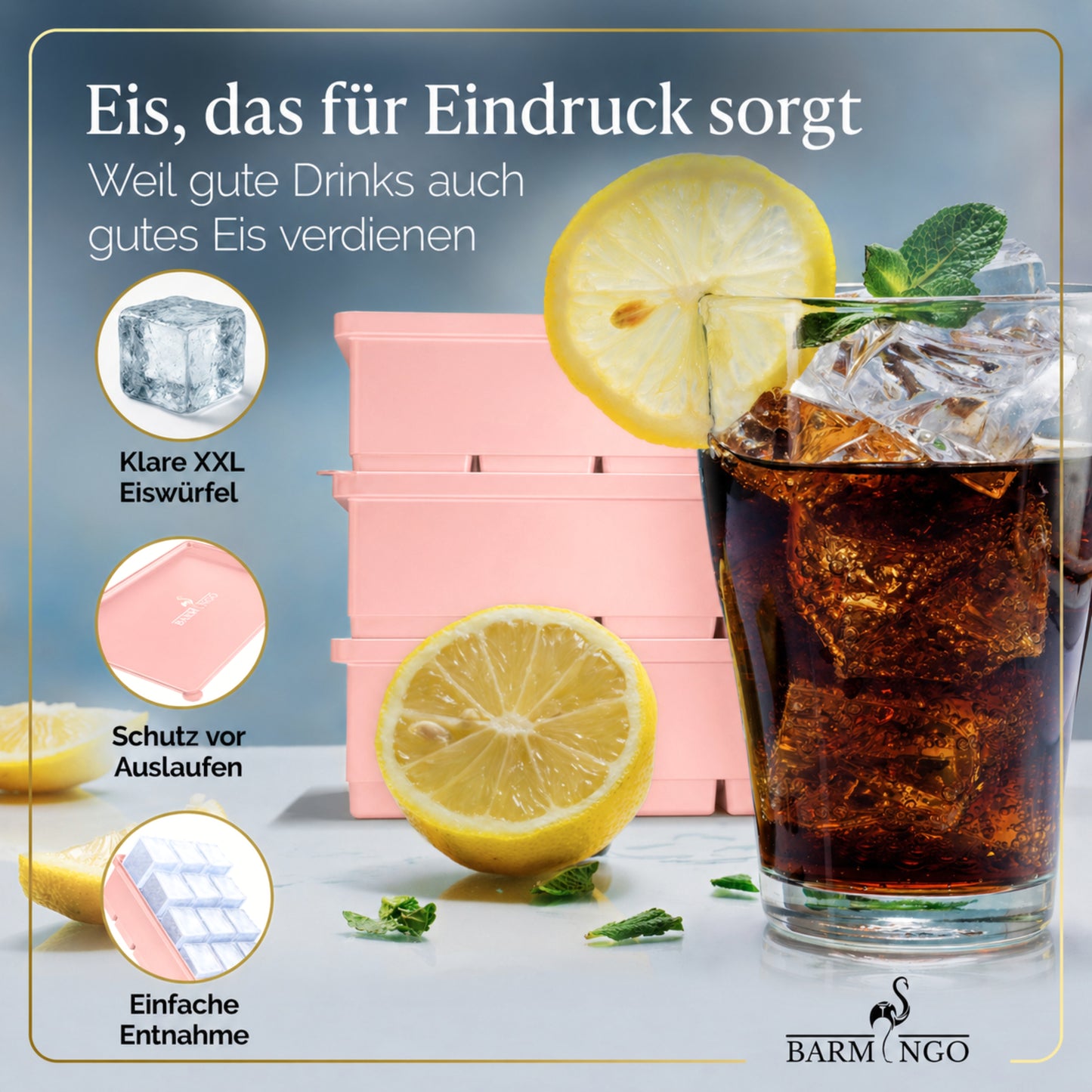 BARMINGO Eiswürfelform XXL mit Deckel | 3er Set | Farbe: Rosa