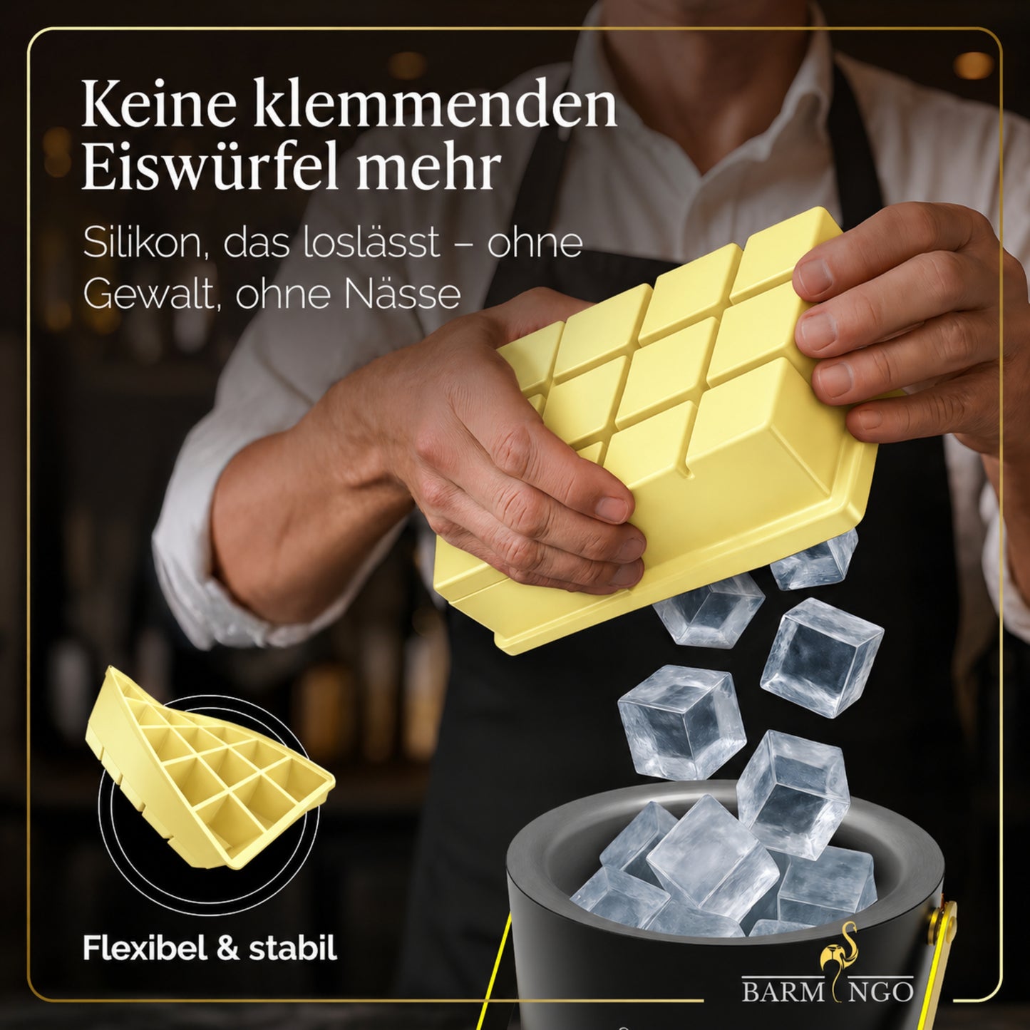 BARMINGO Eiswürfelform XXL mit Deckel | 3er Set | Farbe: Gelb