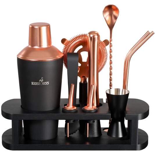 BARMINGO Cocktail Set 11-teilig | Farbe: Schwarz-Roségold | 700 ml Shaker Set mit Holzständer und Barzubehör