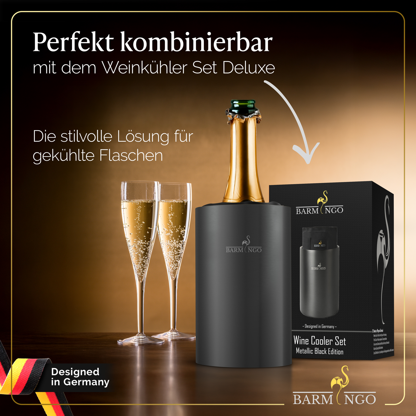 BARMINGO Weinkühlermanschetten | 2 Stück | Farbe: Schwarz | Für Wein, Sekt, Champagner