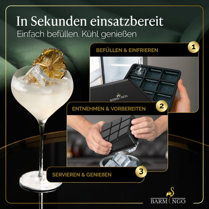 BARMINGO Eiswürfelbehälter mit Deckel | Farbe: Metallic-Schwarz | 2l Eisbehälter mit Sieb, Eiswürfelform, Zange