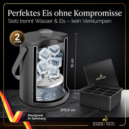 BARMINGO Eiswürfelbehälter mit Deckel | Farbe: Metallic-Schwarz | 2l Eisbehälter mit Sieb, Eiswürfelform, Zange