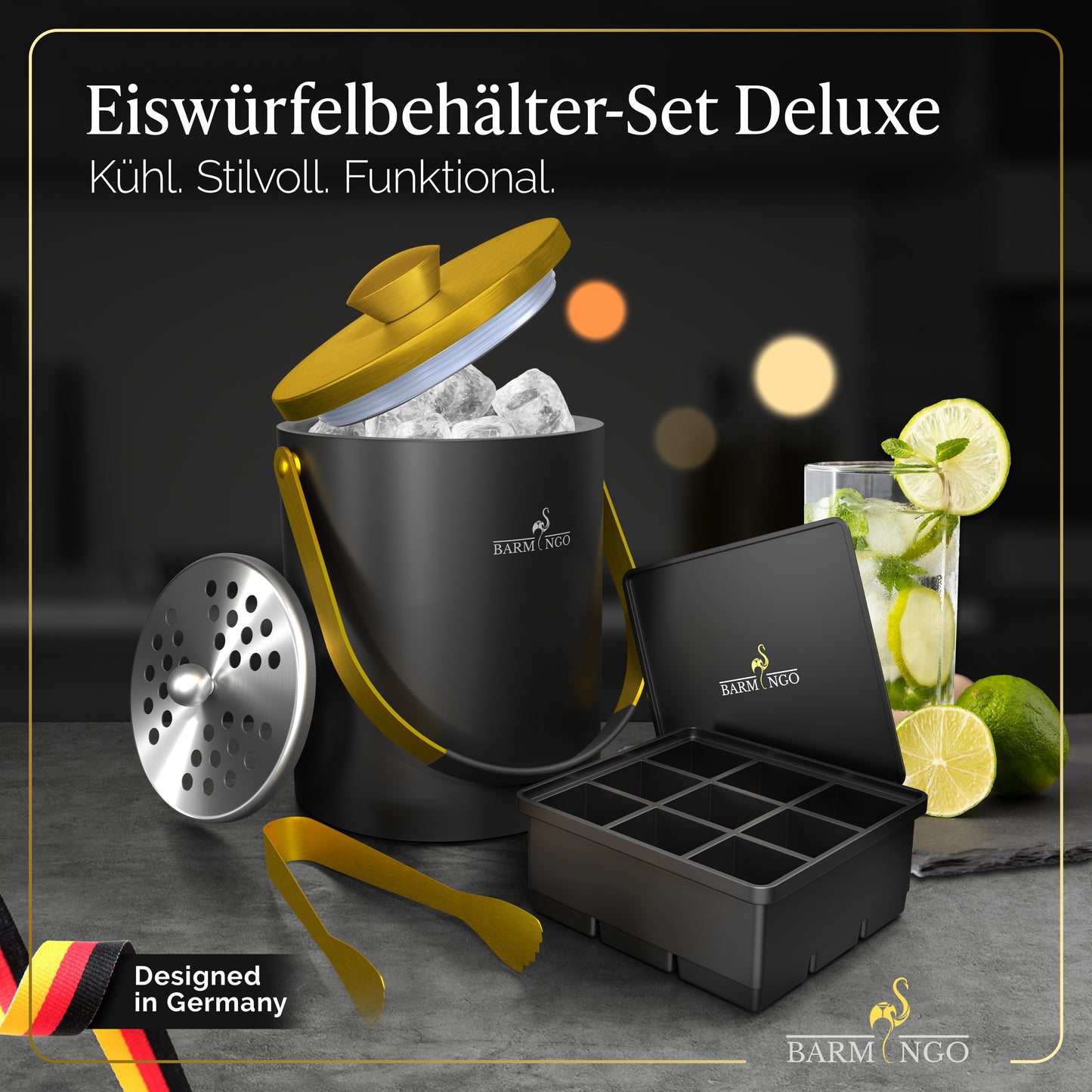 BARMINGO Eiswürfelbehälter mit Deckel | Farbe: Schwarz-Gold | 2l Eisbehälter mit Sieb, Eiswürfelform, Zange