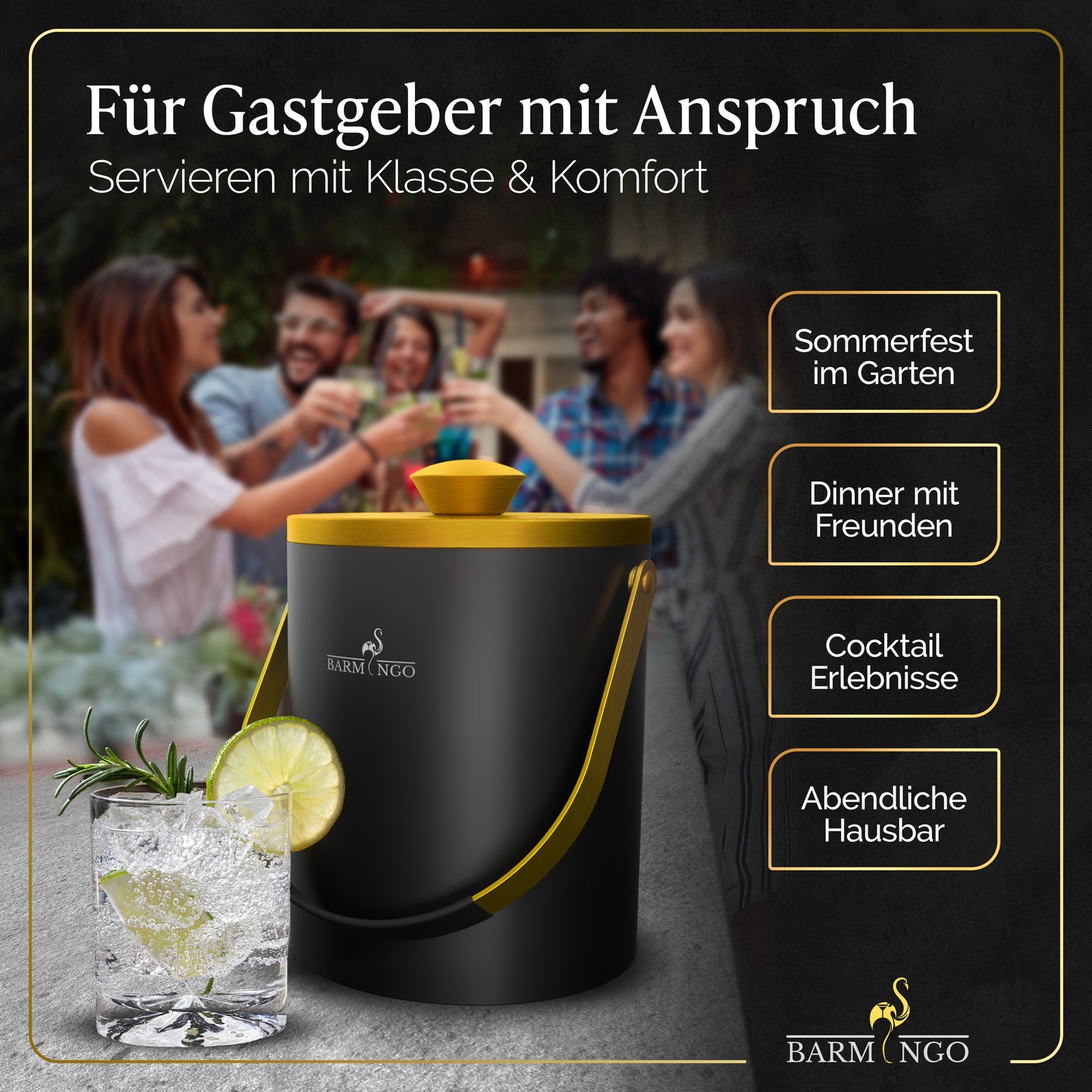 BARMINGO Eiswürfelbehälter mit Deckel | Farbe: Schwarz-Gold | 2l Eisbehälter mit Sieb, Eiswürfelform, Zange