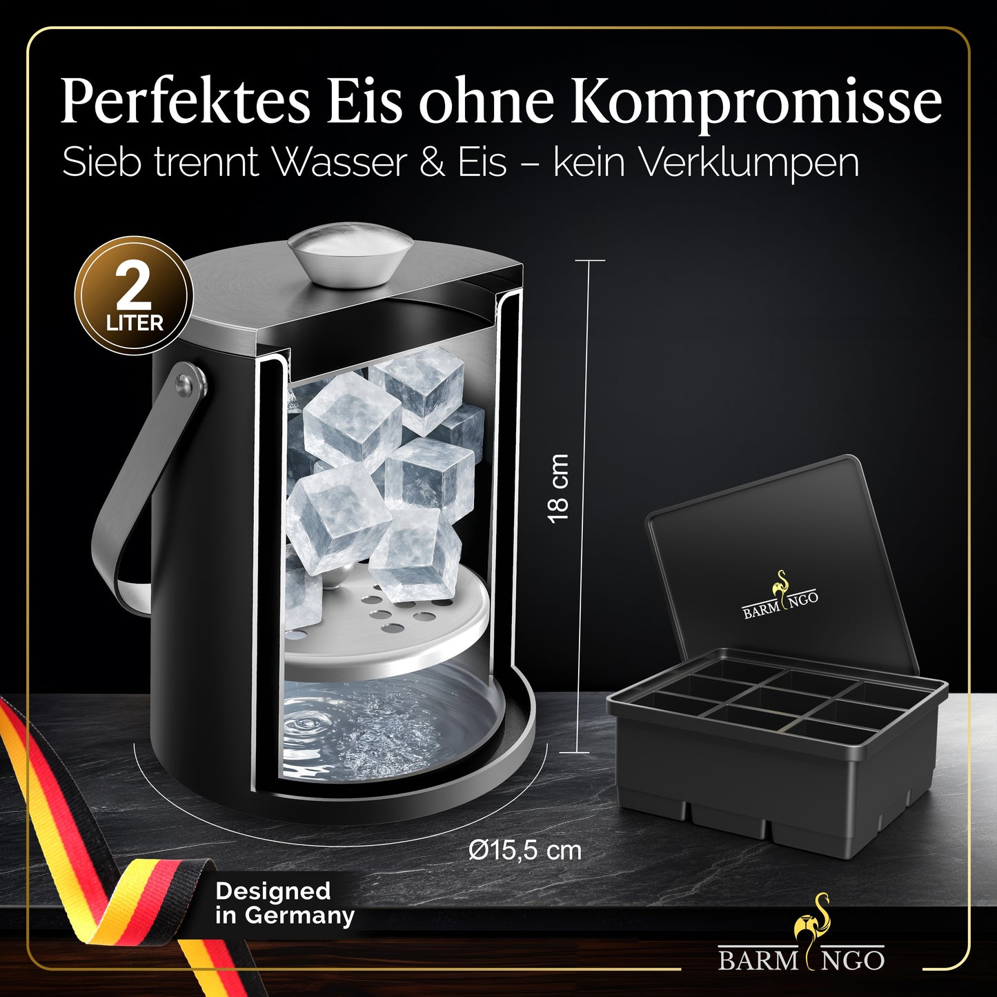 BARMINGO Eiswürfelbehälter mit Deckel | Farbe: Schwarz-Silber| 2l Eisbehälter mit Sieb, Eiswürfelform, Zange