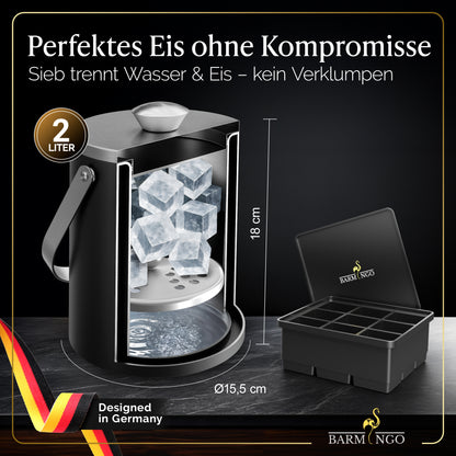 BARMINGO Eiswürfelbehälter mit Deckel | Farbe: Schwarz-Silber| 2l Eisbehälter mit Sieb, Eiswürfelform, Zange