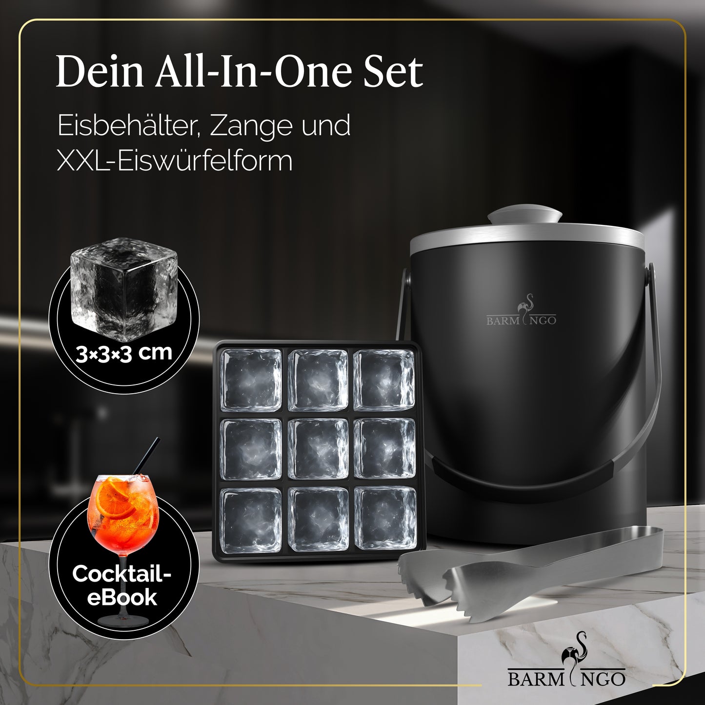 BARMINGO Eiswürfelbehälter mit Deckel | Farbe: Schwarz-Silber| 2l Eisbehälter mit Sieb, Eiswürfelform, Zange