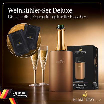 BARMINGO Weinkühler mit 2 Kühlakkus | Farbe: Kupfer | Für Wein, Sekt, Champagner | Edelstahl Flaschenkühler doppelwandig