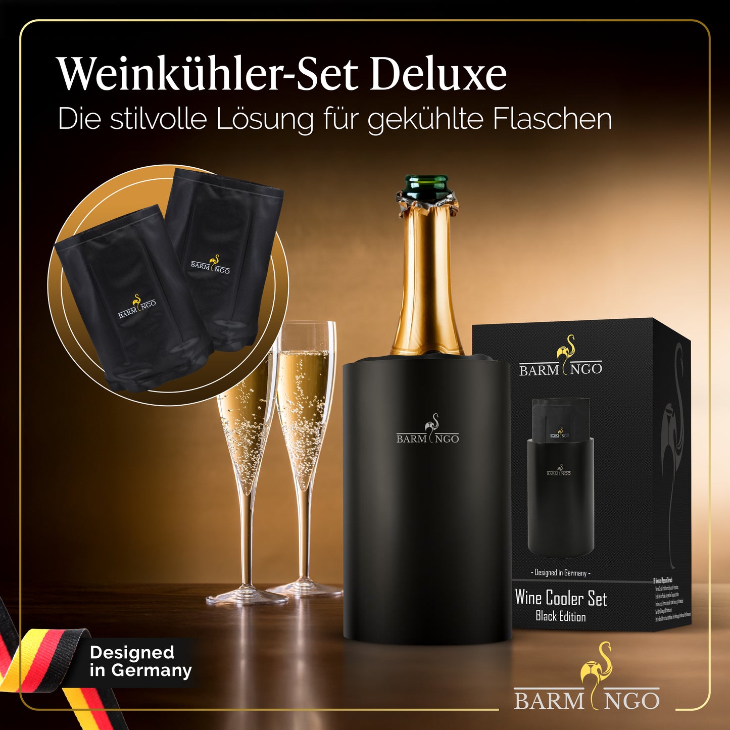 BARMINGO Weinkühler mit 2 Kühlakkus | Farbe: Schwarz-Matt | Für Wein, Sekt, Champagner | Edelstahl Flaschenkühler doppelwandig