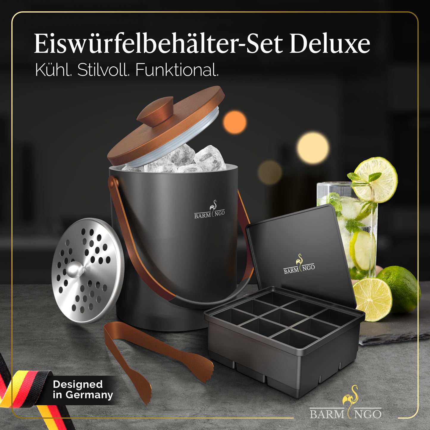 BARMINGO Eiswürfelbehälter mit Deckel | Farbe: Kupfer | 2l Eisbehälter mit Sieb, Eiswürfelform, Zange