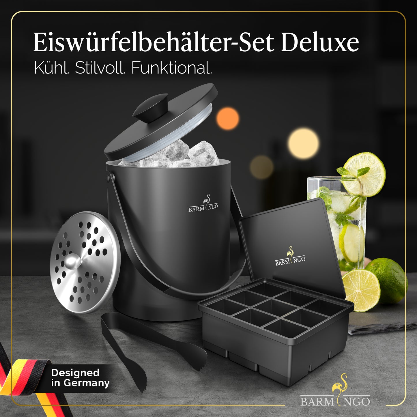 BARMINGO Eiswürfelbehälter mit Deckel | Farbe: Schwarz | 2l Eisbehälter mit Sieb, Eiswürfelform, Zange