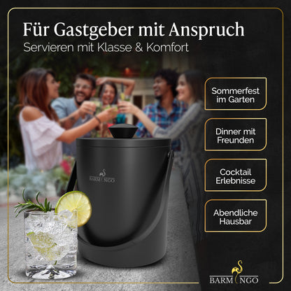 BARMINGO Eiswürfelbehälter mit Deckel | Farbe: Schwarz | 2l Eisbehälter mit Sieb, Eiswürfelform, Zange