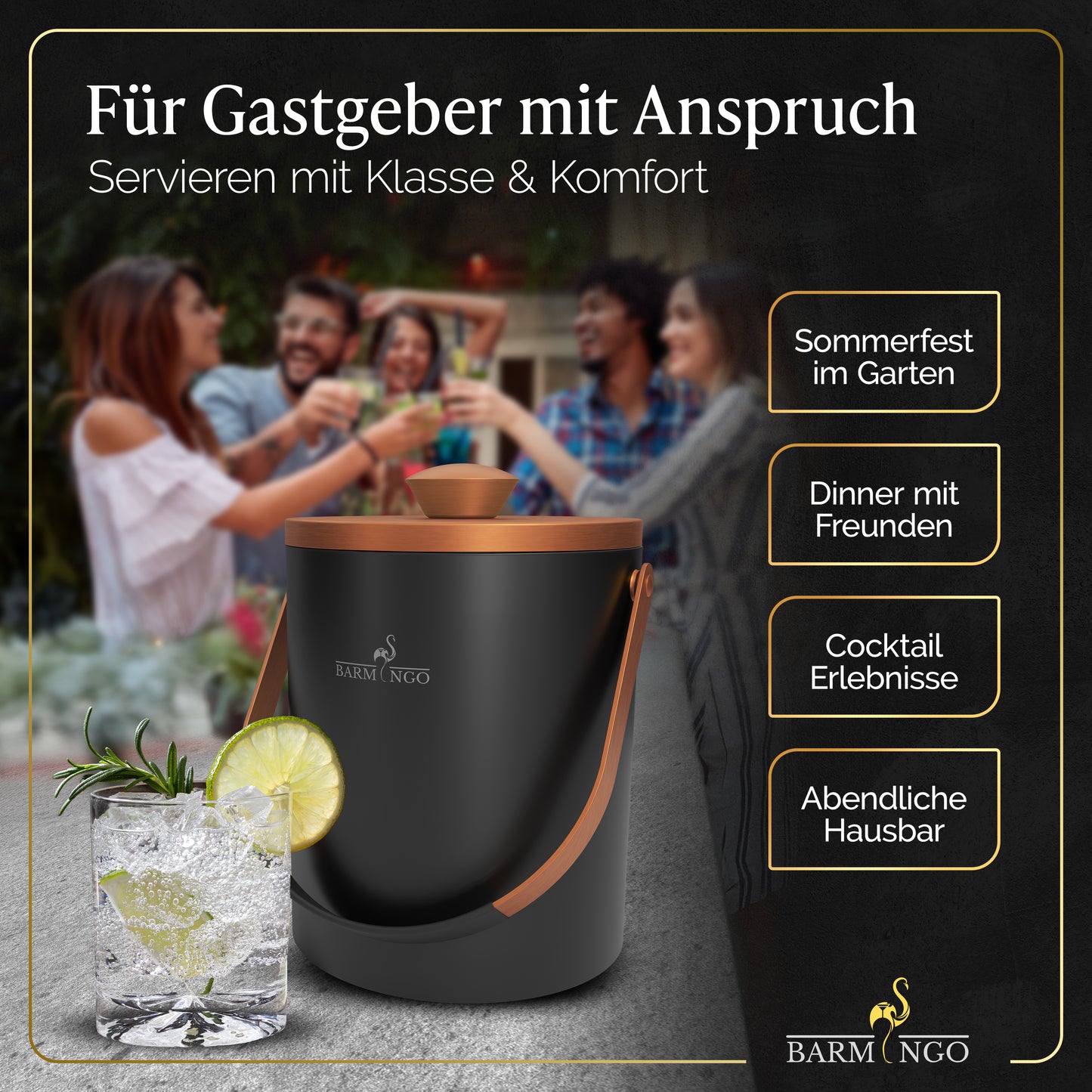 BARMINGO Eiswürfelbehälter mit Deckel | Farbe: Kupfer | 2l Eisbehälter mit Sieb, Eiswürfelform, Zange