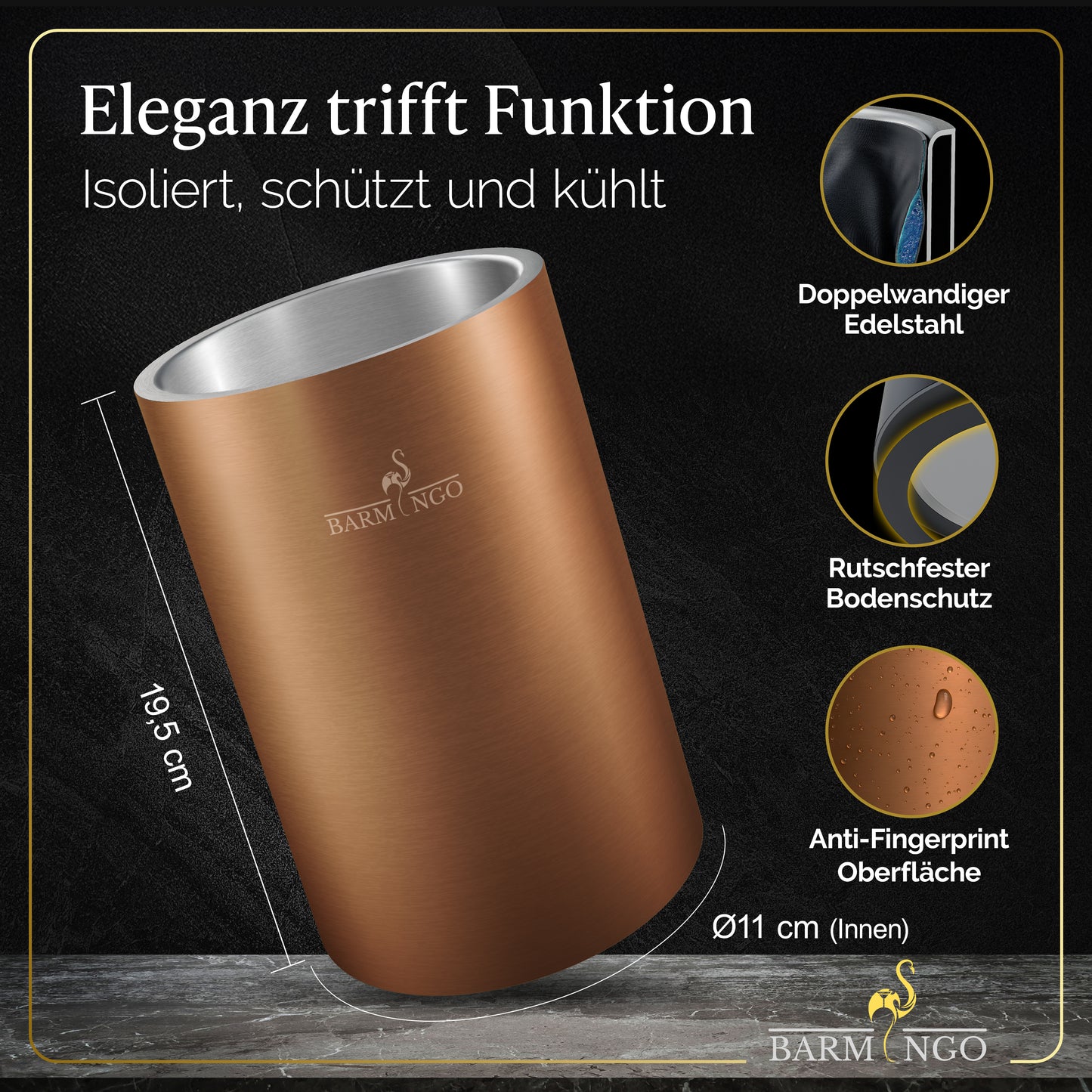 BARMINGO Weinkühler mit 2 Kühlakkus | Farbe: Kupfer | Für Wein, Sekt, Champagner | Edelstahl Flaschenkühler doppelwandig
