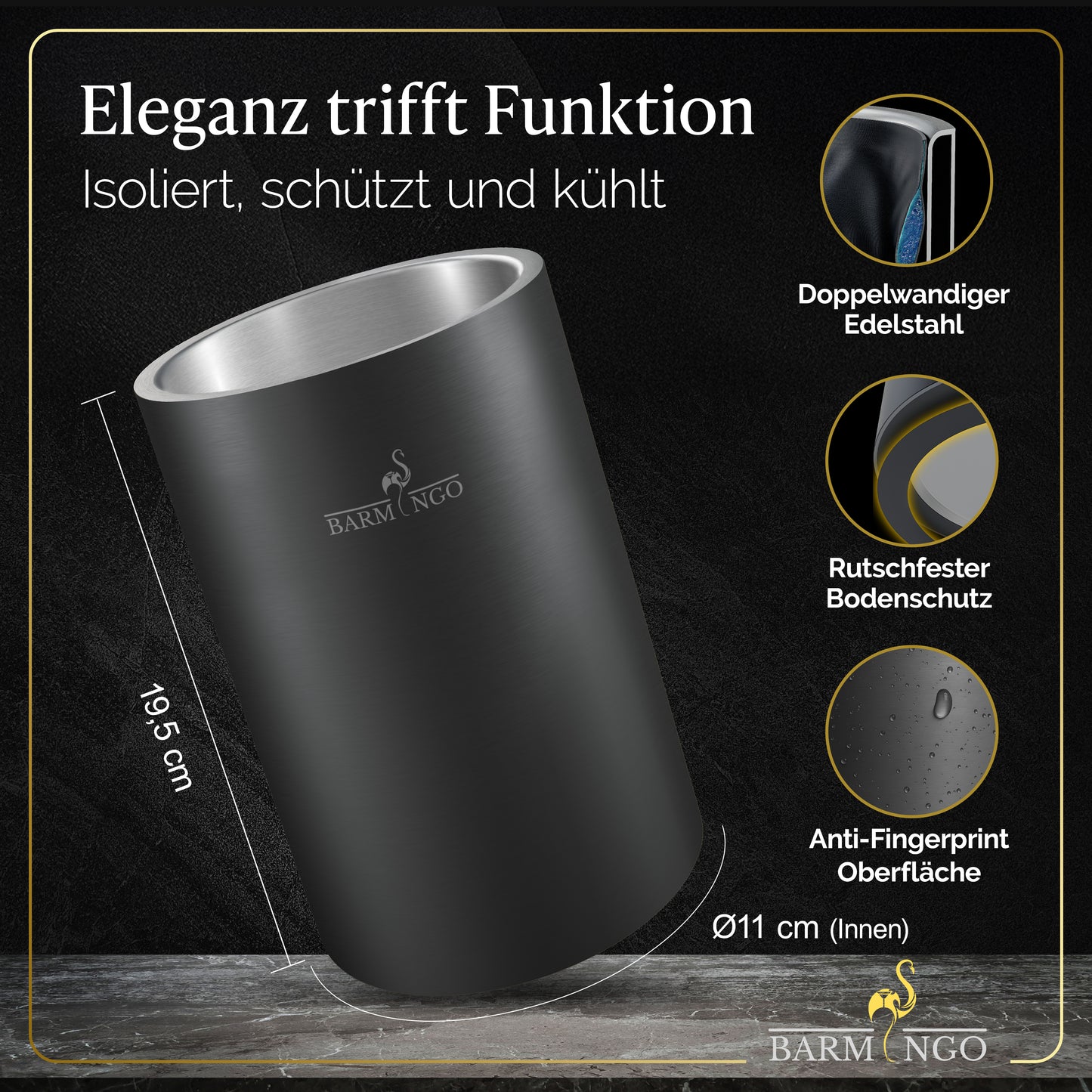 BARMINGO Weinkühler mit 2 Kühlakkus | Farbe: Metallic-Schwarz | Für Wein, Sekt, Champagner | Edelstahl Flaschenkühler doppelwandig