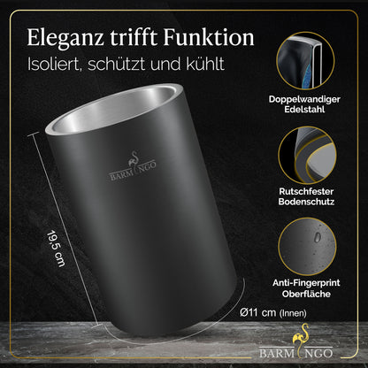 BARMINGO Weinkühler mit 2 Kühlakkus | Farbe: Metallic-Schwarz | Für Wein, Sekt, Champagner | Edelstahl Flaschenkühler doppelwandig