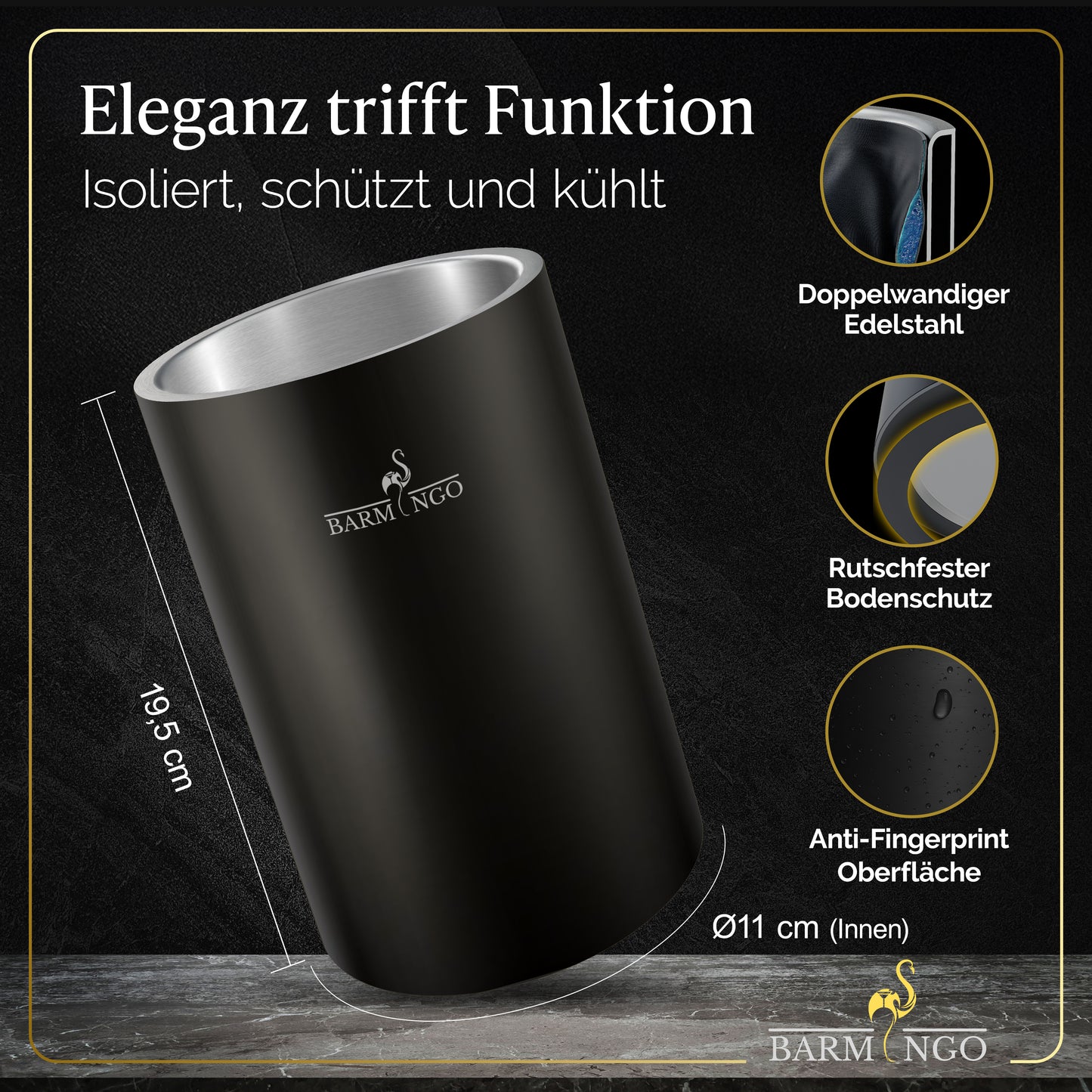 BARMINGO Weinkühler mit 2 Kühlakkus | Farbe: Schwarz-Matt | Für Wein, Sekt, Champagner | Edelstahl Flaschenkühler doppelwandig