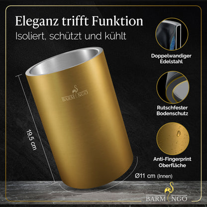 BARMINGO Weinkühler mit 2 Kühlakkus | Farbe: Gold | Für Wein, Sekt, Champagner | Edelstahl Flaschenkühler doppelwandig