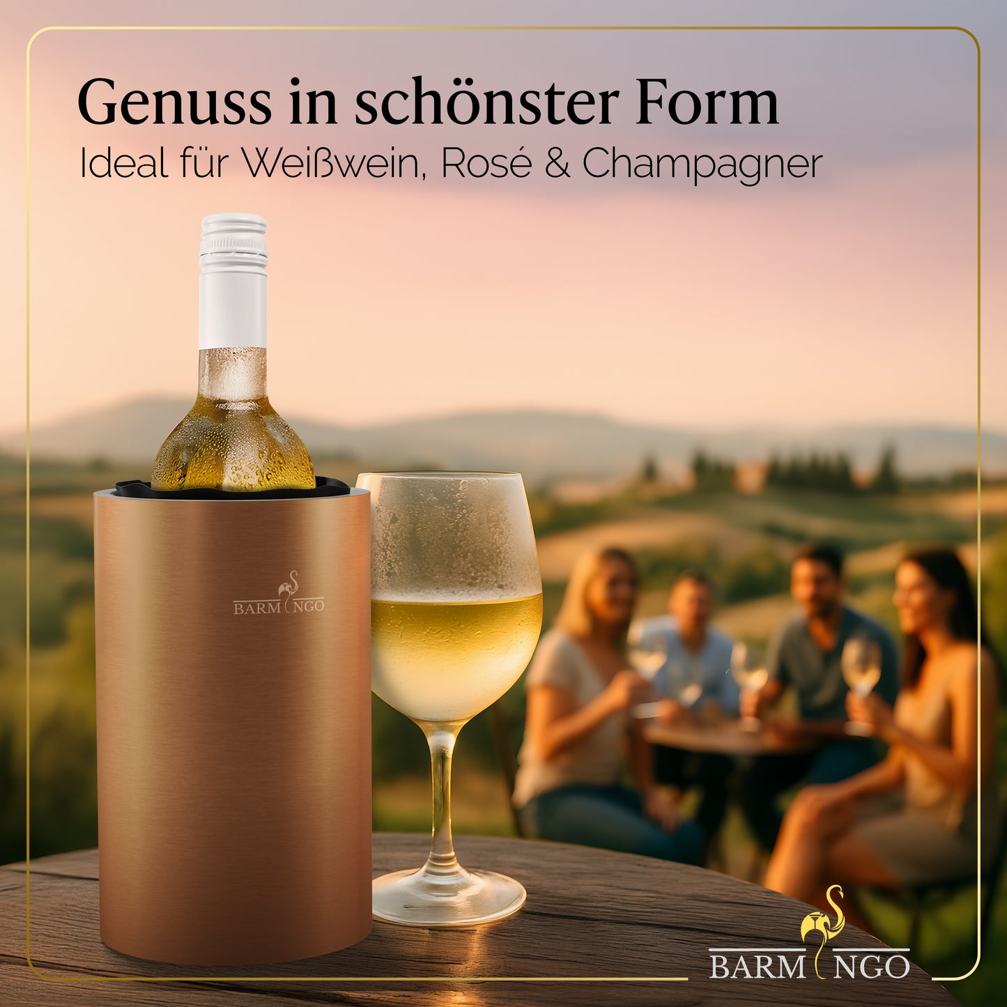 BARMINGO Weinkühler mit 2 Kühlakkus | Farbe: Kupfer | Für Wein, Sekt, Champagner | Edelstahl Flaschenkühler doppelwandig