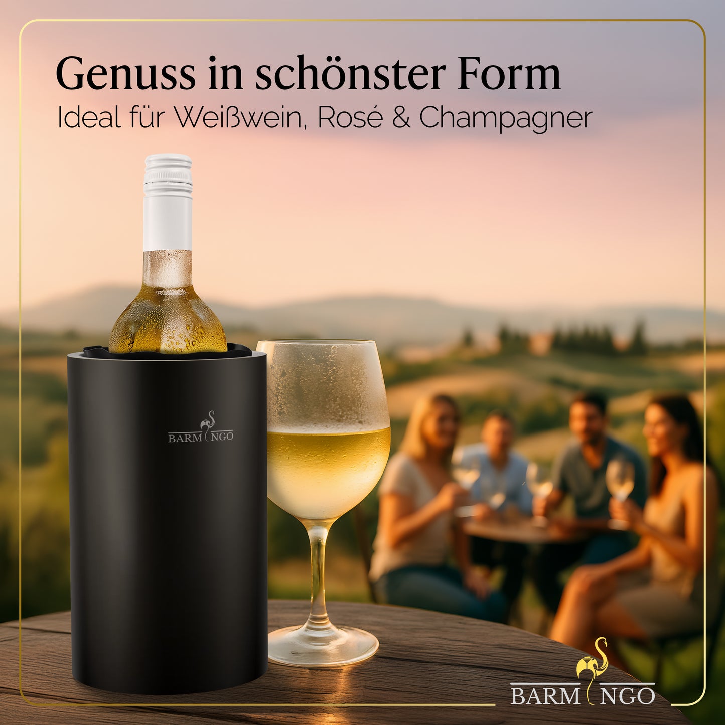 BARMINGO Weinkühler mit 2 Kühlakkus | Farbe: Schwarz-Matt | Für Wein, Sekt, Champagner | Edelstahl Flaschenkühler doppelwandig