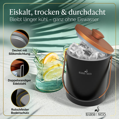 BARMINGO Eiswürfelbehälter mit Deckel | Farbe: Kupfer | 2l Eisbehälter mit Sieb, Eiswürfelform, Zange