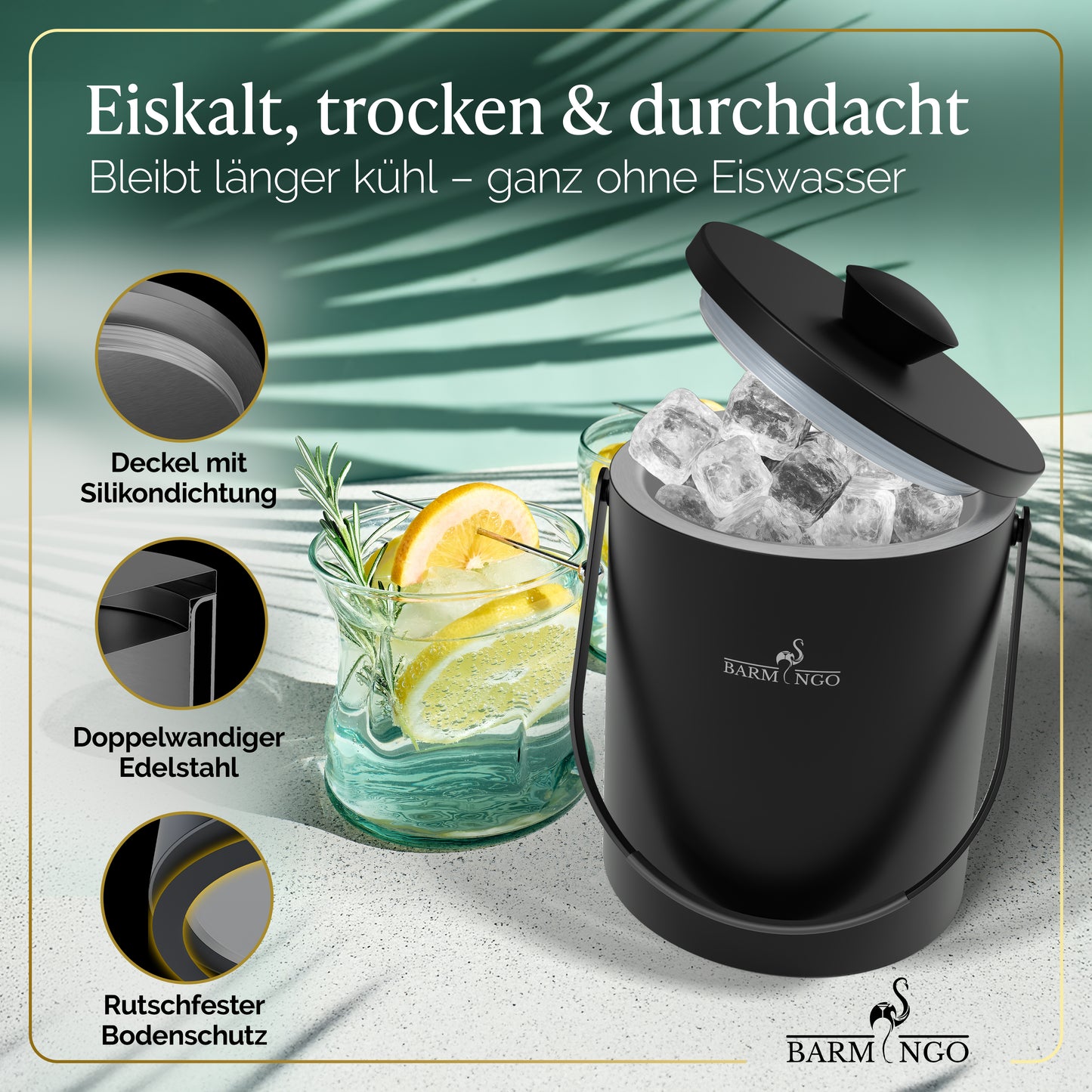BARMINGO Eiswürfelbehälter mit Deckel | Farbe: Schwarz | 2l Eisbehälter mit Sieb, Eiswürfelform, Zange
