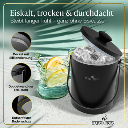 BARMINGO Eiswürfelbehälter mit Deckel | Farbe: Schwarz | 2l Eisbehälter mit Sieb, Eiswürfelform, Zange