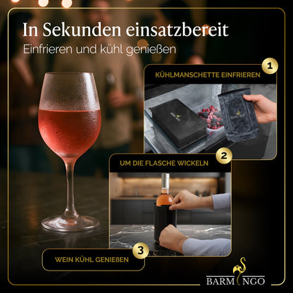 BARMINGO Weinkühler mit 2 Kühlakkus | Farbe: Schwarz-Matt | Für Wein, Sekt, Champagner | Edelstahl Flaschenkühler doppelwandig