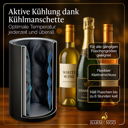 BARMINGO Weinkühler mit 2 Kühlakkus | Farbe: Schwarz-Matt | Für Wein, Sekt, Champagner | Edelstahl Flaschenkühler doppelwandig