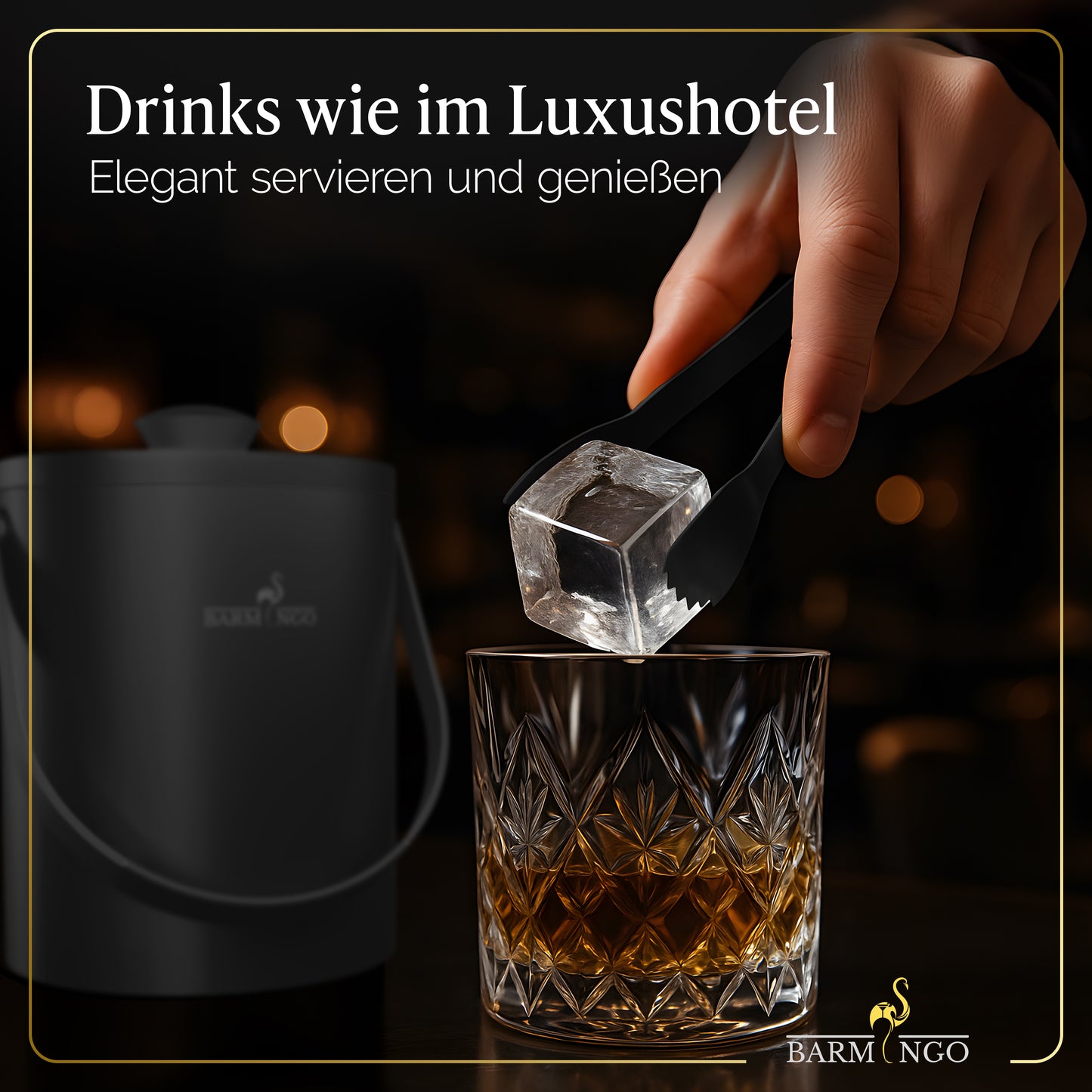 BARMINGO Eiswürfelbehälter mit Deckel | Farbe: Schwarz | 2l Eisbehälter mit Sieb, Eiswürfelform, Zange