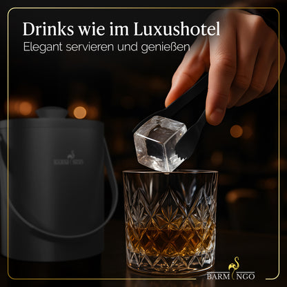 BARMINGO Eiswürfelbehälter mit Deckel | Farbe: Schwarz | 2l Eisbehälter mit Sieb, Eiswürfelform, Zange