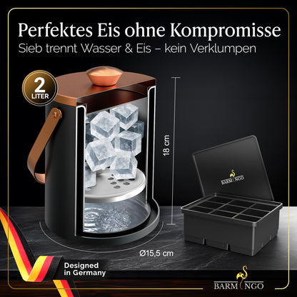 BARMINGO Eiswürfelbehälter mit Deckel | Farbe: Kupfer | 2l Eisbehälter mit Sieb, Eiswürfelform, Zange