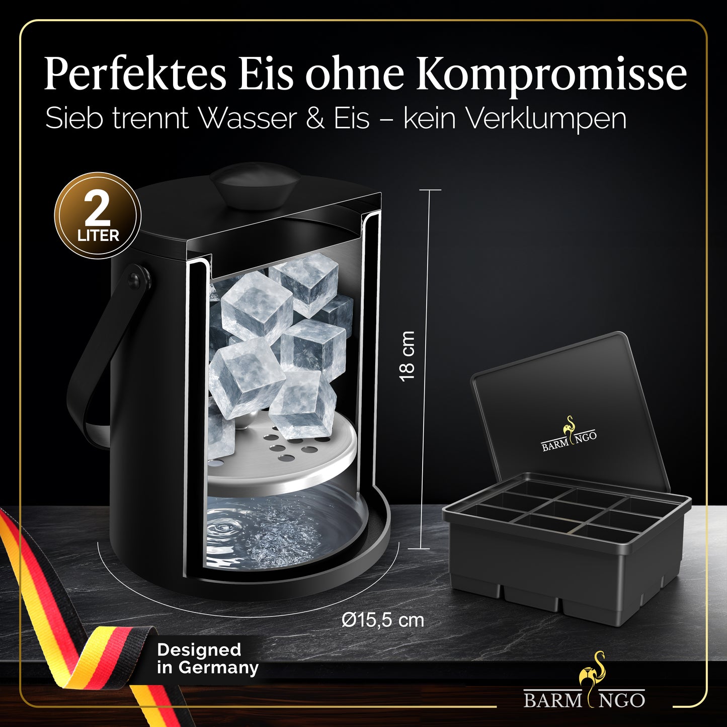 BARMINGO Eiswürfelbehälter mit Deckel | Farbe: Schwarz | 2l Eisbehälter mit Sieb, Eiswürfelform, Zange