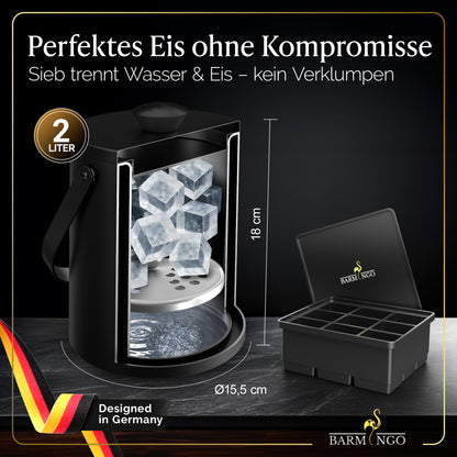 BARMINGO Eiswürfelbehälter mit Deckel | Farbe: Schwarz | 2l Eisbehälter mit Sieb, Eiswürfelform, Zange