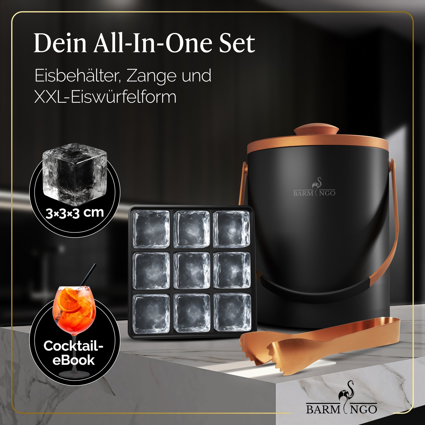BARMINGO Eiswürfelbehälter mit Deckel | Farbe: Kupfer | 2l Eisbehälter mit Sieb, Eiswürfelform, Zange