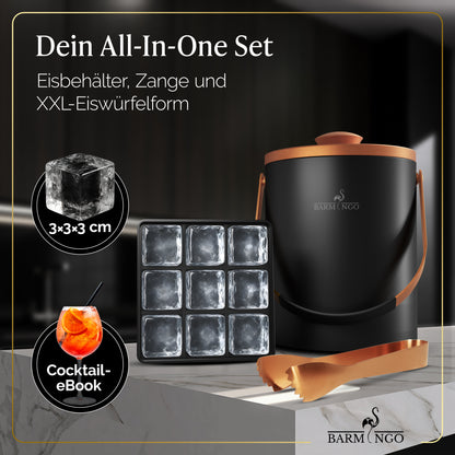 BARMINGO Eiswürfelbehälter mit Deckel | Farbe: Kupfer | 2l Eisbehälter mit Sieb, Eiswürfelform, Zange
