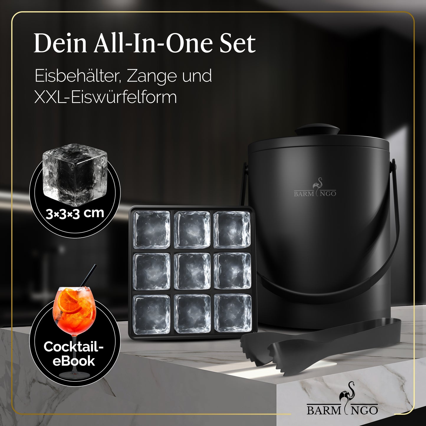 BARMINGO Eiswürfelbehälter mit Deckel | Farbe: Schwarz | 2l Eisbehälter mit Sieb, Eiswürfelform, Zange