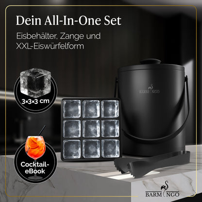 BARMINGO Eiswürfelbehälter mit Deckel | Farbe: Schwarz | 2l Eisbehälter mit Sieb, Eiswürfelform, Zange